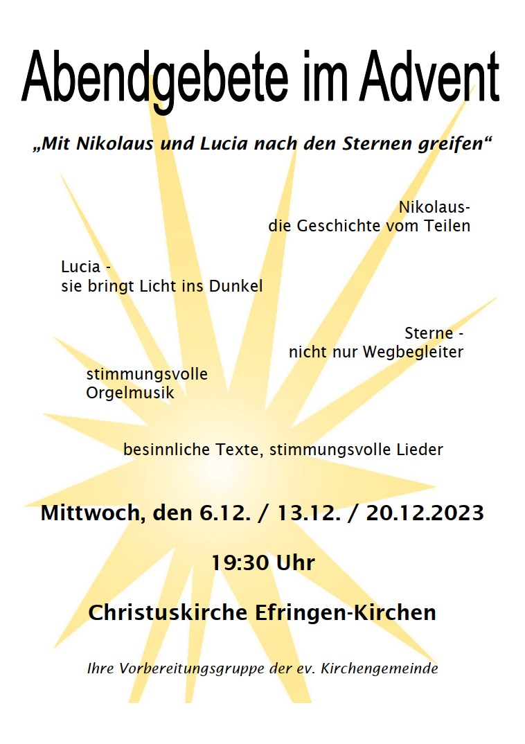 Flyer Abendgebet im Advent, Mittwoch, den 6.12. / 13.12. / 20.12.2023, 19:30 Uhr in der Christuskirche Efringen-Kirchen.