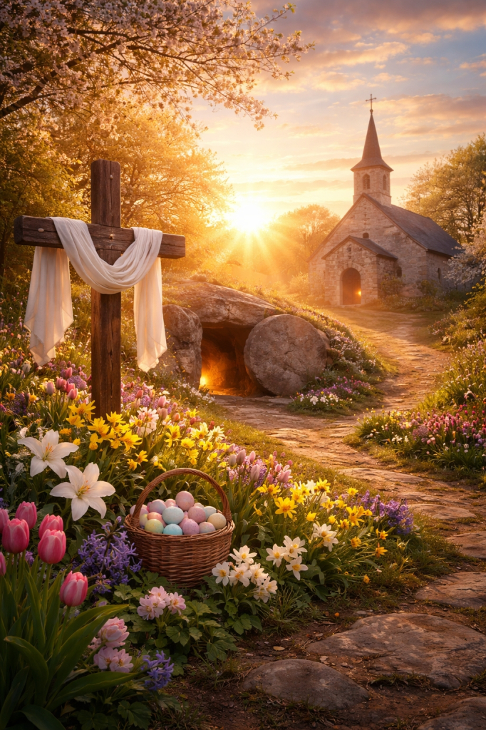 In der Mitte ist das leere Grab. Rechts davon steht das Kreuz inmitten bunter Blumen und einem Korb voll bunter Eier. Im Hintergrund eine Kirche im Sonnenaufgang.