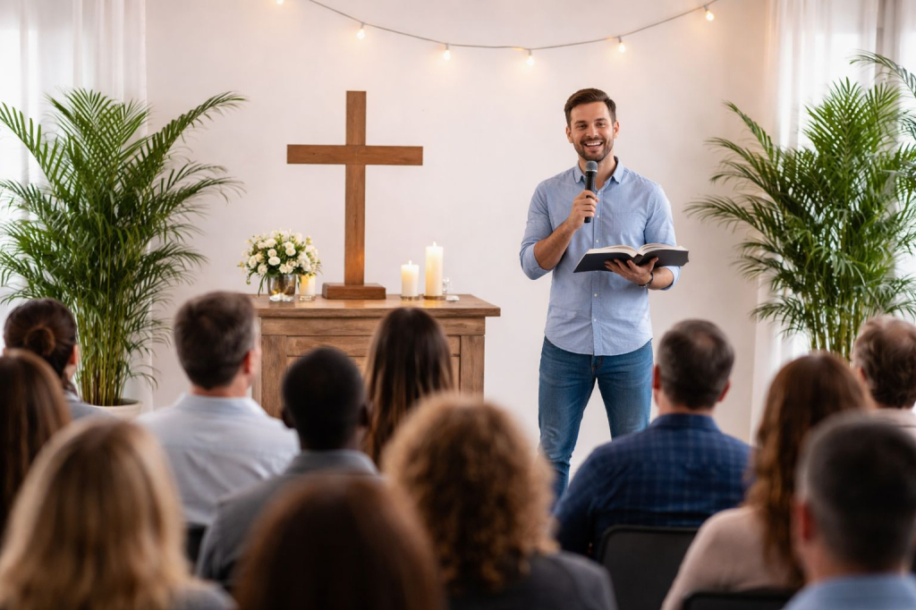 Ein Prediger steht auf der Bühne, in der einen Hand die Bibel, in der anderen ein Mikrofon.